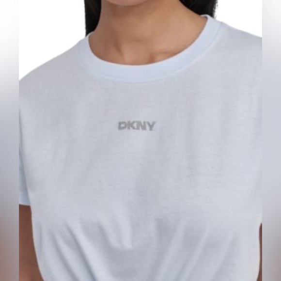 DKNY JEANS soft light blue crystal studded logo short sleeve sweater. NWT. Small - Picture 1 of 6